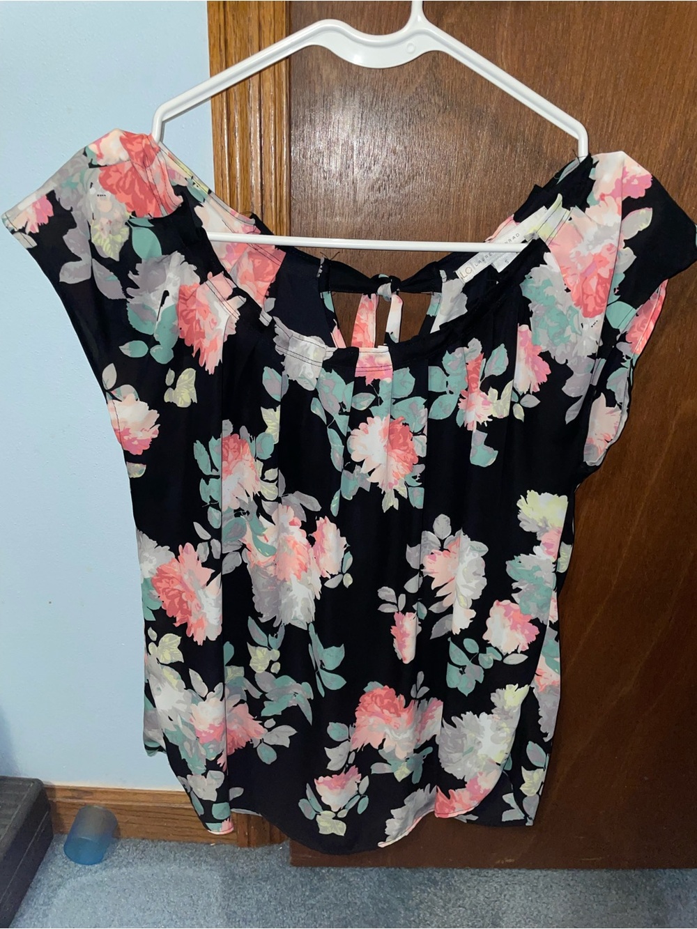 LC Lauren Conrad Black Floral Short-Sleeve Blouse with Pink & Mint Flowers